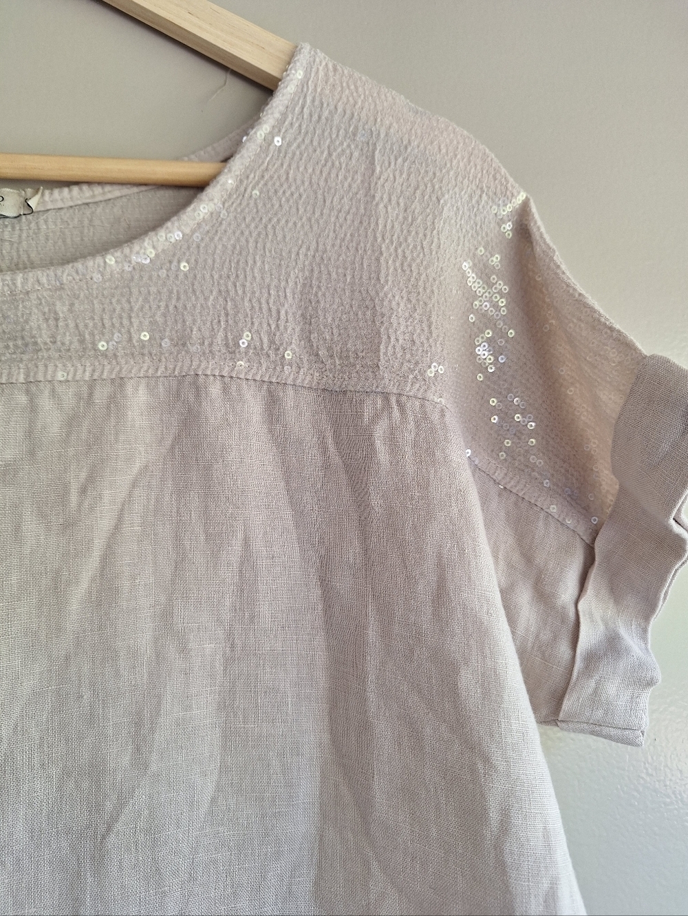 Lungo L'arno Sequin Yoke Linen Shift Dress - Sabbia - Made in Italy - S - Picture 5 of 10